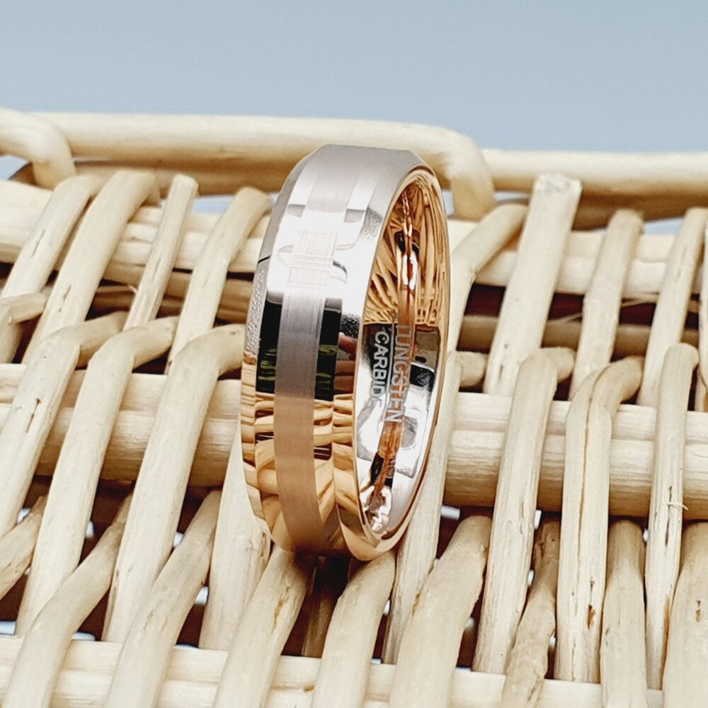 Unisex Tungsten Carbide Ring With Polished Gold And Brushed Finish W812